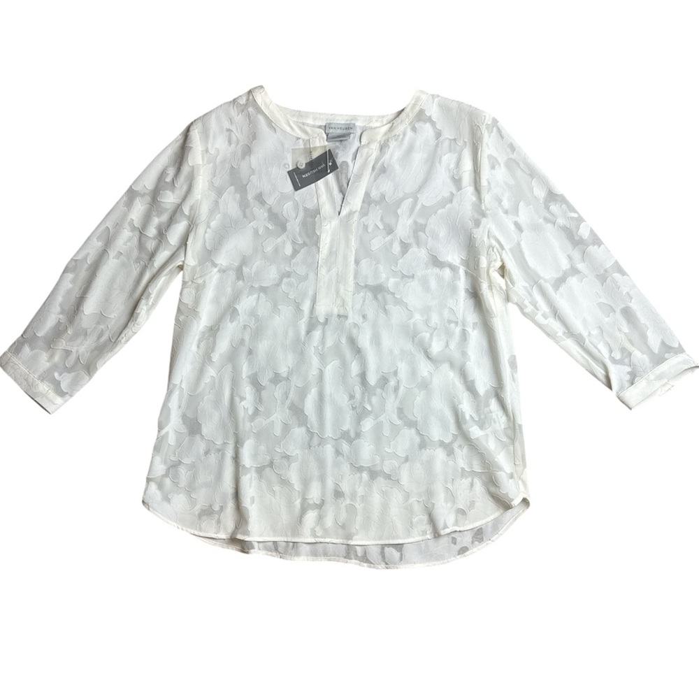 NWT Van Heusen cream Textured Semi-Sheer Split-Neck Blouse - medium